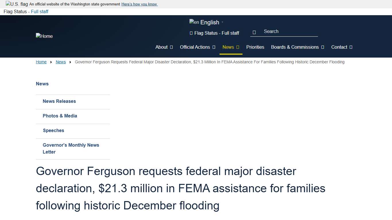 Governor Ferguson requests federal major disaster declaration, $21.3 million in FEMA assistance for families following historic December flooding Governor Bob Ferguson